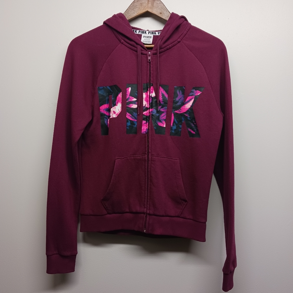 PINK Hooded Jacket Women Size S Burgundy Floral Letters Full Zip Fall Winter
